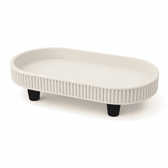 DBOZE Oval Decorative Tray with Raised Feet, Modern Ribbed Vanity Organizer, Ceramic-Inspired Coffee Table Decor Tray for Perfume, Jewelry, Keys, Bathroom Counter & Entryway Storage,White Sand