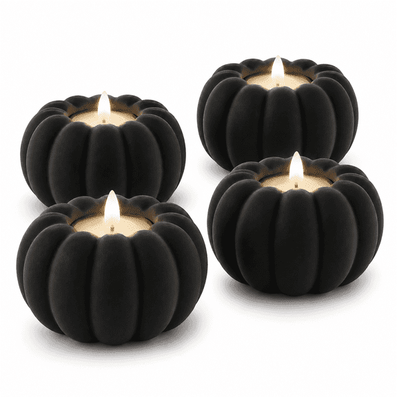 DBOZE Pumpkin Tealight Candle Holders Set of 4 with Flameless LED Tealights, Modern Fall Table Decor, Decorative Pumpkin Candle Holders for Thanksgiving, Halloween, Autumn Home Decor
