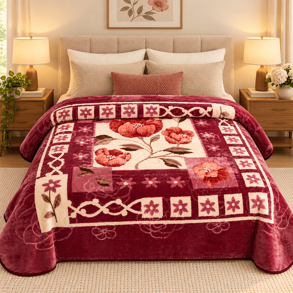 DBOZE Queen Size Korean Mink Blanket, 1-Ply Heavy Plush Fleece Winter Blanket, Thick Soft Warm Floral Raschel Blanket