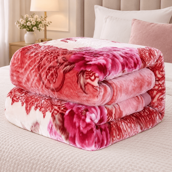 DBOZE Korean Style Faux Mink Raschel Blanket, Queen Size, 1-Ply 8 lb Heavy Plush Floral Blanket, Soft and Warm