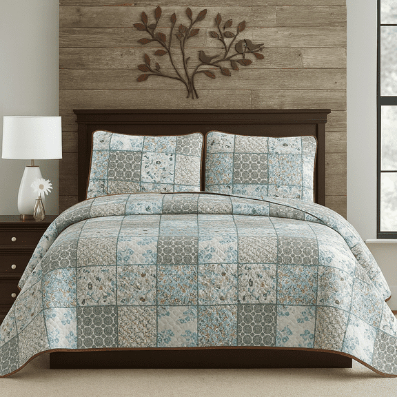 DBOZE American Traditional Floral Quilt Set Reversible Lightweight Sateen Bedspread with Matching Shams for All Seasons(Cal King Size,Green/Brown)
