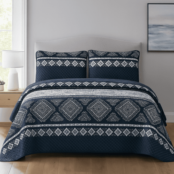 DBOZE Reversible Cotton Blend 3 Piece Embroidered Quilt Set Elegant Bedspread with Decorative Pillow Shams All Season Coverlet,(Cal King Size,Dark Blue)