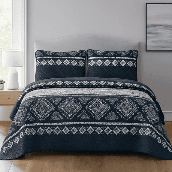 DBOZE Reversible Cotton Blend 3 Piece Embroidered Quilt Set Elegant Bedspread with Decorative Pillow Shams All Season Coverlet,(Cal King Size,Dark Blue)