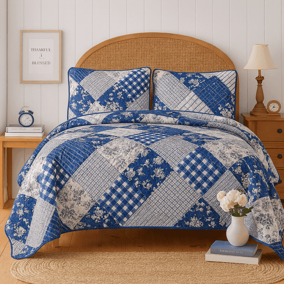 DBOZE Reversible Cotton Blend 3 Piece Embroidered Quilt Set Elegant Bedspread with Decorative Pillow Shams All Season Coverlet(Cal King Size, Blue/White)