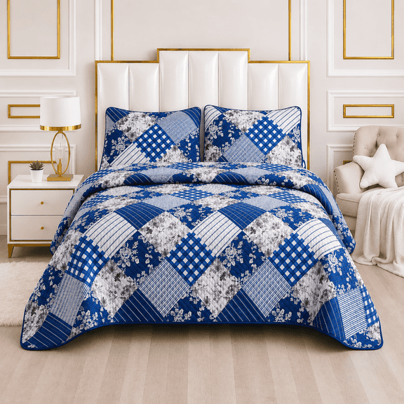 DBOZE Reversible Cotton Blend 3 Piece Embroidered Quilt Set Elegant Bedspread with Decorative Pillow Shams All Season Coverlet(Cal King Size, Blue/White)