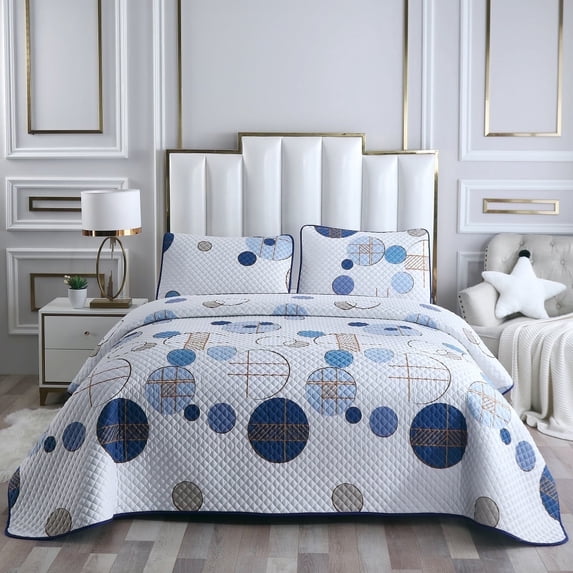 DBOZE Reversible Cotton Blend 3-Piece Embroidery Pattern Elegant Bedding Quilt Set with Embroidered Decorative Shams Soft Bedspread & Coverlet Set, Cal King, Blue/White