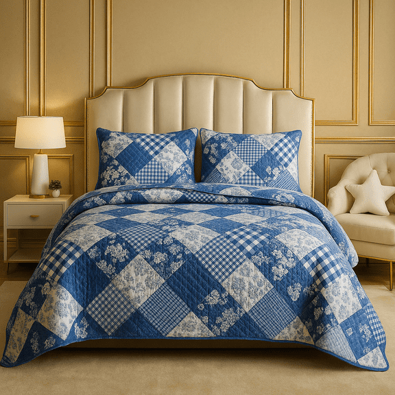 DBOZE Reversible Cotton Blend 3 Piece Embroidered Quilt Set Elegant Bedspread with Decorative Pillow Shams All Season Coverlet(King.Blue/White)