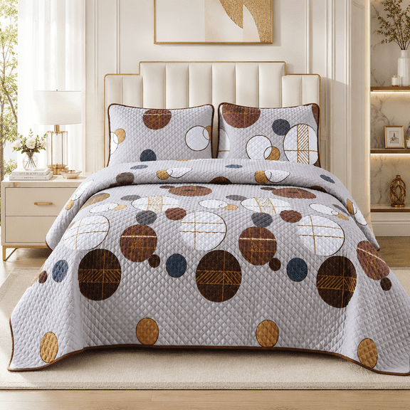 DBOZE Reversible Cotton Blend 3-Piece Embroidery Pattern Elegant Bedding Quilt Set with Embroidered Decorative Shams Soft Bedspread & Coverlet Set, King, Brown/White