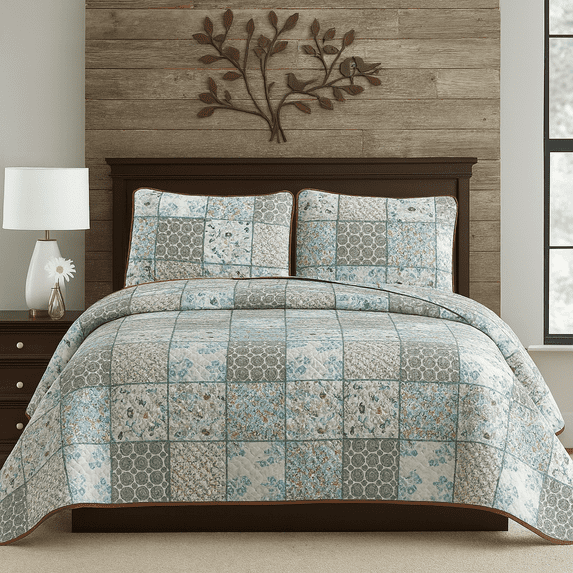 DBOZE American Traditional Floral Quilt Set Reversible Lightweight Sateen Bedspread with Matching Shams for All Seasons(King, Green/Brown)