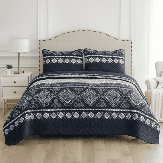 DBOZE Reversible Cotton Blend 3 Piece Embroidered Quilt Set Elegant Bedspread with Decorative Pillow Shams All Season Coverlet( King Size,Dark Blue/White)