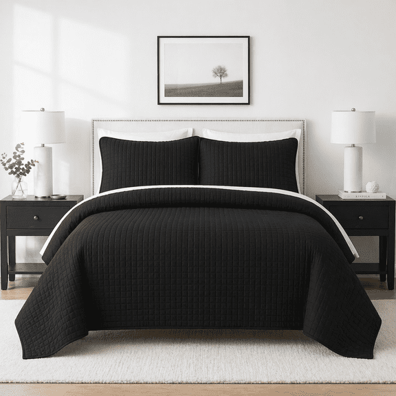 DBOZE Oversized Queen 3 Piece Lightweight Quilt Set Soft Cotton Blend Bedspread with Diamond Embroidery Black