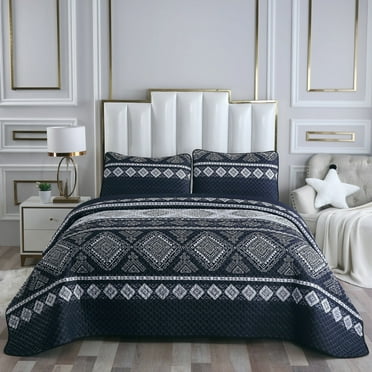 DBOZE Reversible Cotton Blend 3-Piece Embroidery Pattern Elegant Bedding Quilt Set with Embroidered Decorative Shams Soft Bedspread & Coverlet Set,(Queen,Dark Blue/White)