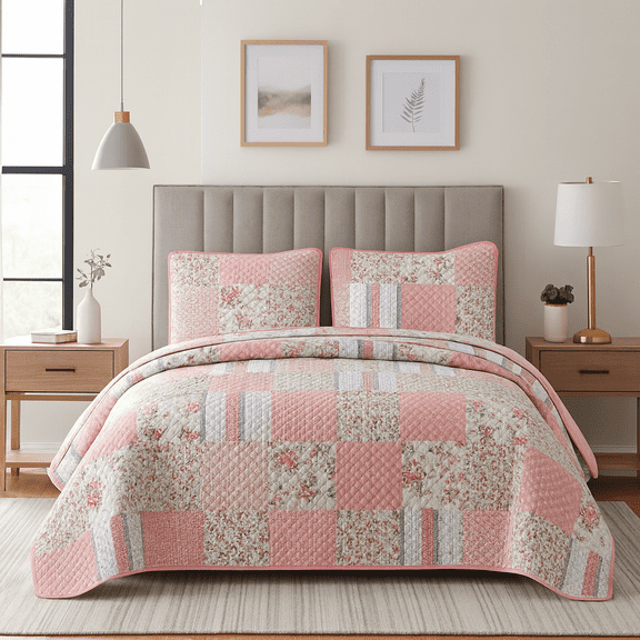 DBOZE American Traditional Floral Quilt Set Reversible Lightweight Sateen Bedspread with Matching Shams for All Seasons(Queen Size, Pink)