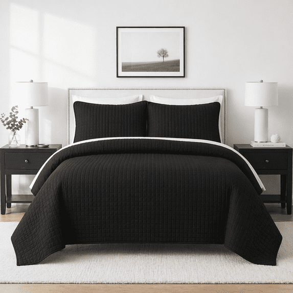 DBOZE Oversized King 3 Piece Lightweight Quilt Set Soft Cotton Blend Bedspread with Diamond Embroidery Black
