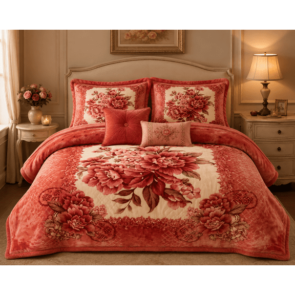 DBOZE Queen Size Heavyweight Korean Mink Blanket, 90 x 80 in Ultra Soft Plush Fleece Floral Winter Bed Blanket, Burgundy Royal Peony