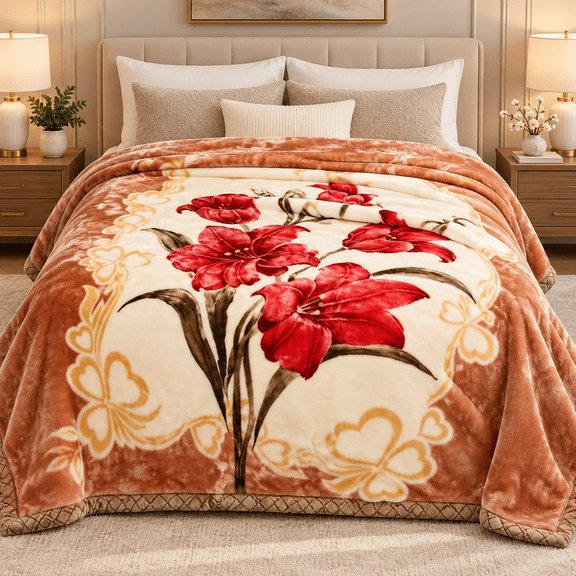 DBOZE Heavyweight Mink Blanket King 85"×95" – Reversible 2-Ply Thick Plush Fleece, Soft Warm Floral Microfiber Bed Blanket
