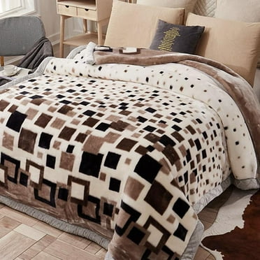 DBOZE Warm Heavy Plush Korean Style Mink Raschel Blanket, 2 Ply Reversible Super Silky King Size, Cream/Navy Colors