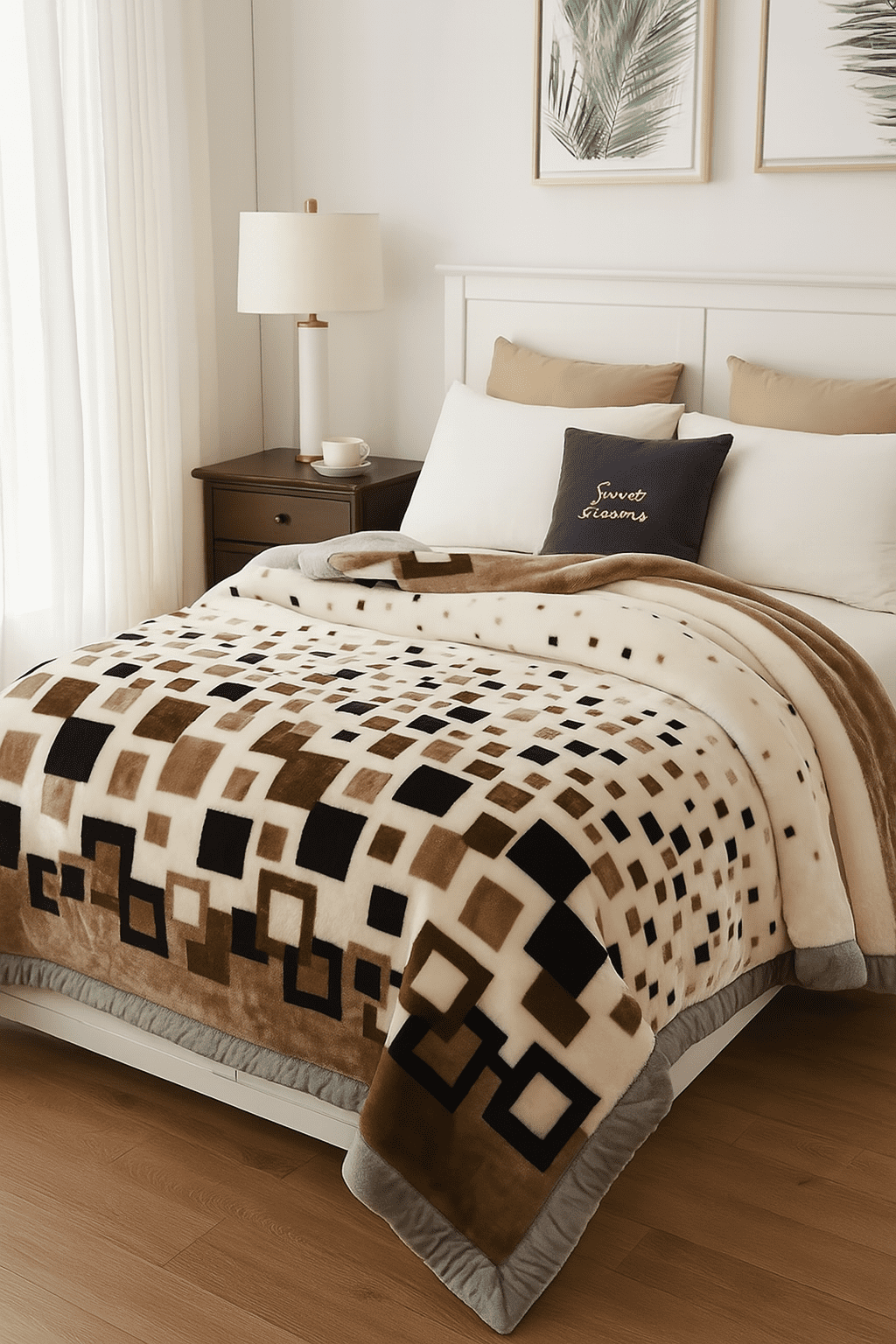 DBOZE Luxury Warm Plush Korean Mink Raschel Blanket, 2 Ply Reversible Silky Soft Winter King Size Blanket, Cream/Navy