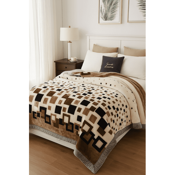 DBOZE Luxury Warm Plush Korean Mink Raschel Blanket, 2 Ply Reversible Silky Soft Winter King Size Blanket, Cream/Navy