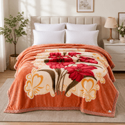 DBOZE Heavyweight Korean Mink Blanket, Ultra Soft 2-Ply Reversible Plush Fleece Bed Blanket, Warm Raschel Winter Blanket for King Size Bed, Color Orange/Cream
