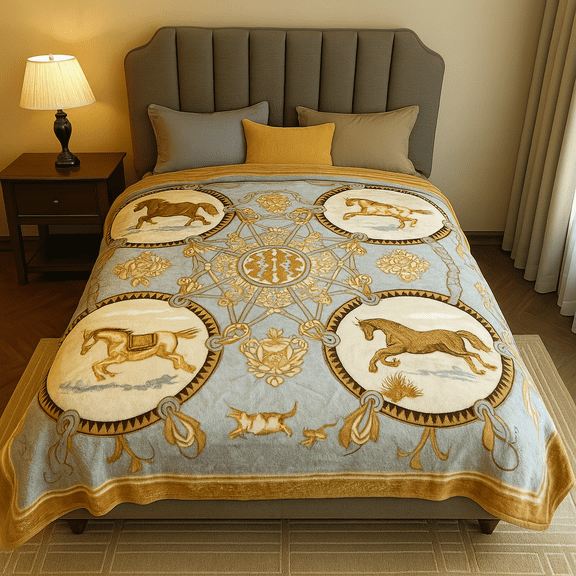 DBOZE Thick Warm Korean Mink Blanket King Size, 2 Ply Reversible Velvet Fleece with Horse Design, Ultra Soft Cozy Winter Bed Throw, Luxury Blue Gold
