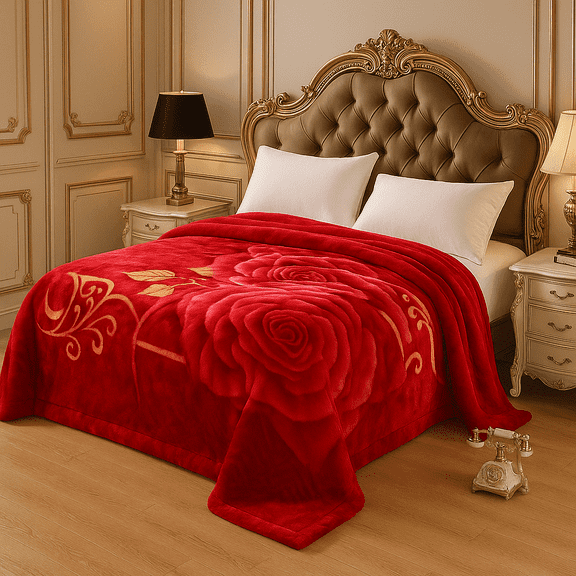 DBOZE Luxury Thick Plush Red Rose Blanket King Size – 2-Ply Heavy Reversible Silky Soft Korean Mink Fleece, Oversized Warm Decorative Bedding, Red/Gold