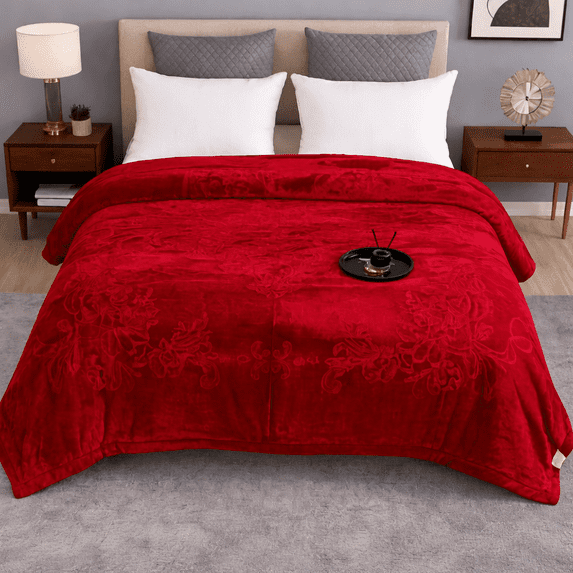 DBOZE Korean Style Velvet Fleece Blanket – Warm Soft Plush Throw Blanket for Bed, Thick Embossed Luxury King Size Winter Blanket – 85"x95", Deep Red