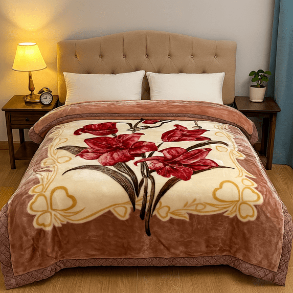 DBOZE Heavy Warm King Size Floral Raschel Blanket – Soft Plush Korean Mink Red Rose Bed Cover, Reversible Winter Throw