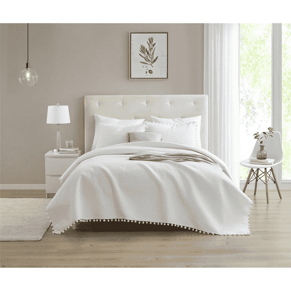 DBOZY Boho Pom Pom Ball Fringe King Quilt Sets, 3 Pieces White Lightweight Down Alternative Bedding Quilt Sets for all seasons