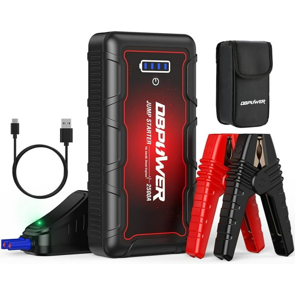 DBPOWER Jump Starter 2500A Peak 74Wh Portable Car Jump Starter (Up to 10L Gas/8L Diesel Engine) 12V Auto Battery Booster Pack with Smart Clamp Cables, Quick Charger, LED Light Jump Box