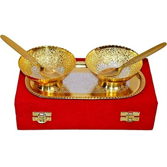DBY Silver and Golden Color Plated Brass 2 Bowl 2 Spoon and 1 Tray Set Tray Sweet Mukhwas Supari Candy Chocolate Box Multipurpose Dry Fruit set Serving Tray