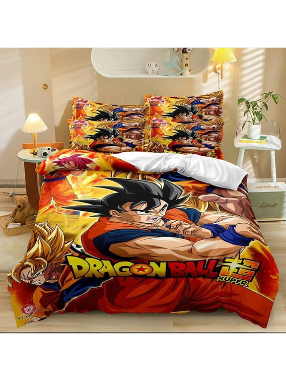 DBZ Anime Duvet Cover Set for Boys Teens, 3 Pieces Soft Microfiber Bedding Set with Corner Ties, Cartoon Print Bed Set, 1 Duvet Cover + 2 Pillowcases, Bedroom Home Decor