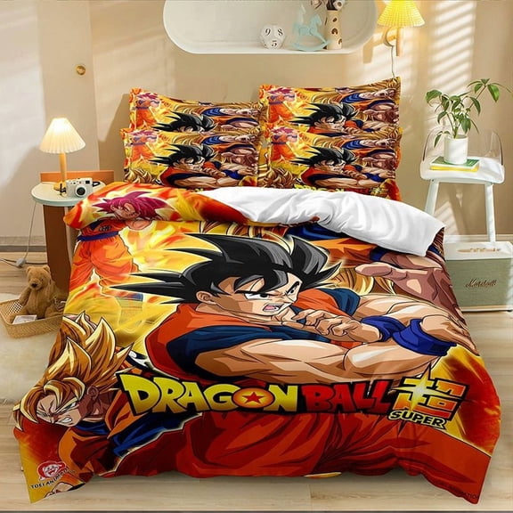 DBZ Anime Duvet Cover Set for Boys Teens, 3 Pieces Soft Microfiber Bedding Set with Corner Ties, Cartoon Print Bed Set, 1 Duvet Cover + 2 Pillowcases, Bedroom Home Decor