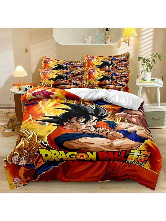 DBZ Anime Duvet Cover Set for Boys Teens, 3 Pieces Soft Microfiber Bedding Set with Corner Ties, Cartoon Print Bed Set, 1 Duvet Cover + 2 Pillowcases, Bedroom Home Decor