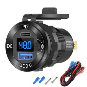 DC 10V-60V USB Outlet Aluminum High Voltage Input Car Charger, PD 30W and QC 18W Car USB Port Cigarette Lighter Replacement Socket with Voltmeter and Button Switch for Bus RV Truck Marine Golf Cart