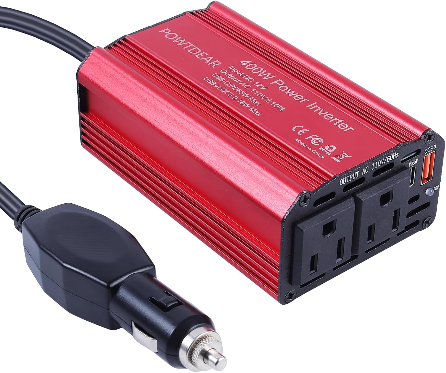 DC 12V to 110V AC Converter,400W Car Power Inverter, with 2 Charger Outlets and PD 65W USB Port and QC3.0 Type-c Port Cigarette Lighter Socket Adapter