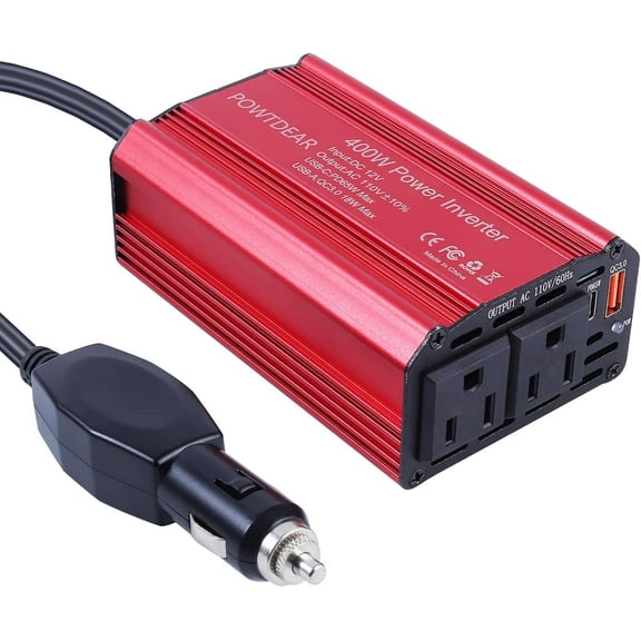 DC 12V to 110V AC Converter,400W Car Power Inverter, with 2 Charger Outlets and PD 65W USB Port and QC3.0 Type-c Port Cigarette Lighter Socket Adapter