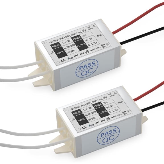 DC 12V Power Supply Driver Transformer - 15W Waterproof IP67 120VAC to Converter Constant age Switching for LED Strip Lights, G4 MR11 MR16 Display (2-Pack)