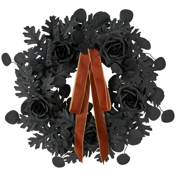 Oak Leaves and Roses Wreath, Black, 24", Fall by Way To Celebrate