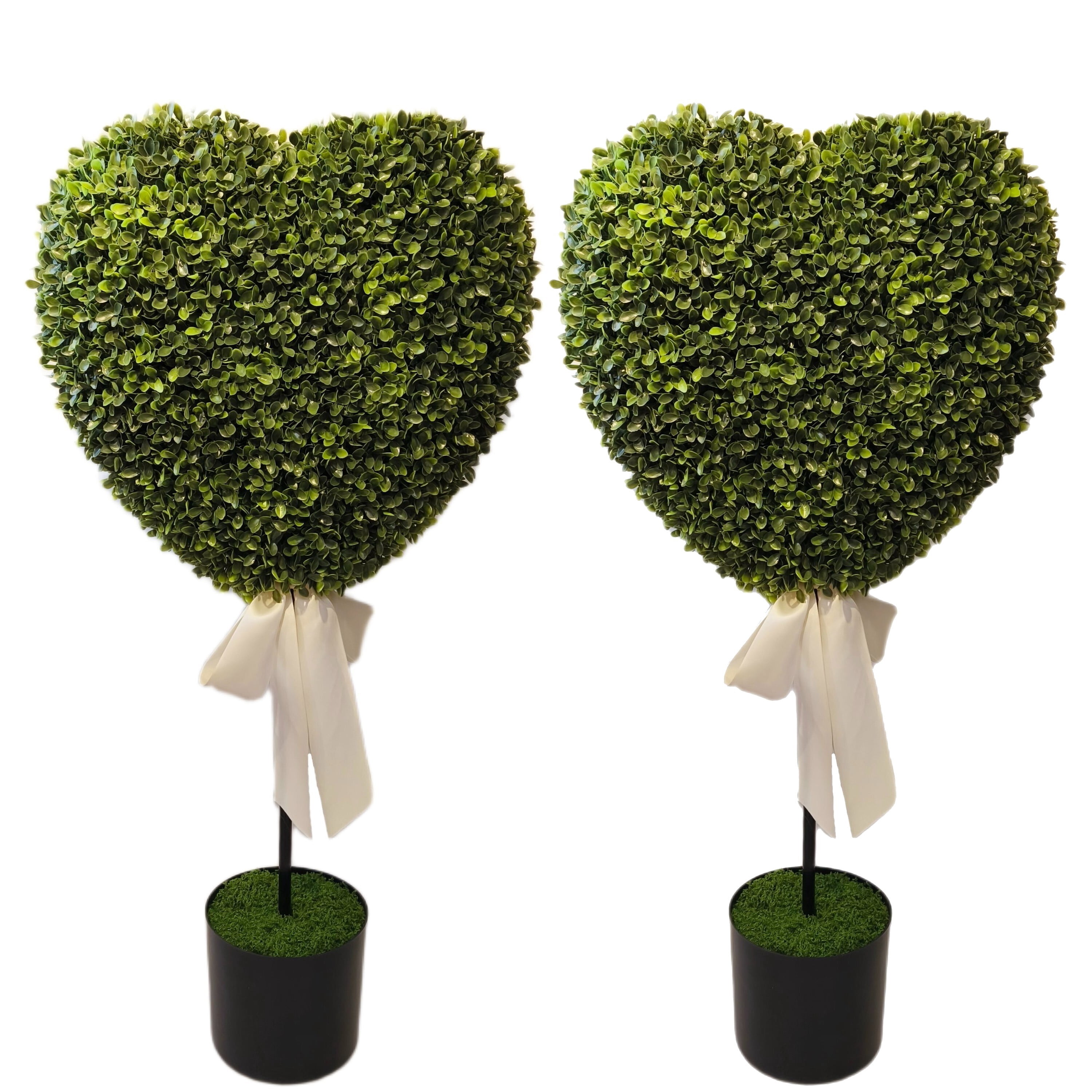 Boxwood Heart with Bow Topiaries, Green and White, 32", 2 Count, Valentine's Day by My Texas House