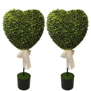 Boxwood Heart with Bow Topiaries, Green and White, 32", 2 Count, Valentine's Day by My Texas House