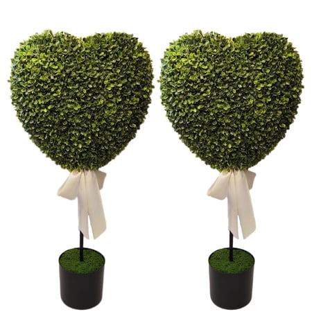 Boxwood Heart with Bow Topiaries, Green and White, 32", 2 Count, Valentine's Day by My Texas House