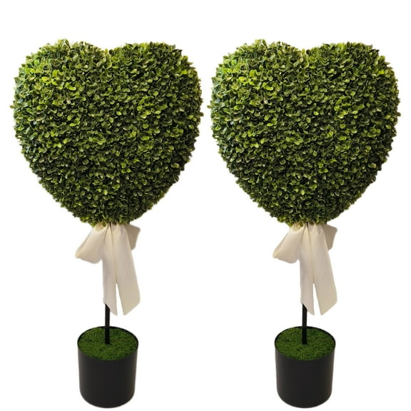 Boxwood Heart with Bow Topiaries, Green and White, 32", 2 Count, Valentine's Day by My Texas House