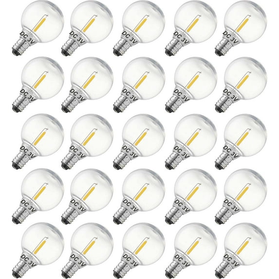 DC 3V Low Voltage,Solar String Light Bulbs,Shatterproof Waterproof E12 G40 LED Bulbs,0.6W Warm White 2700K 25 Pack.