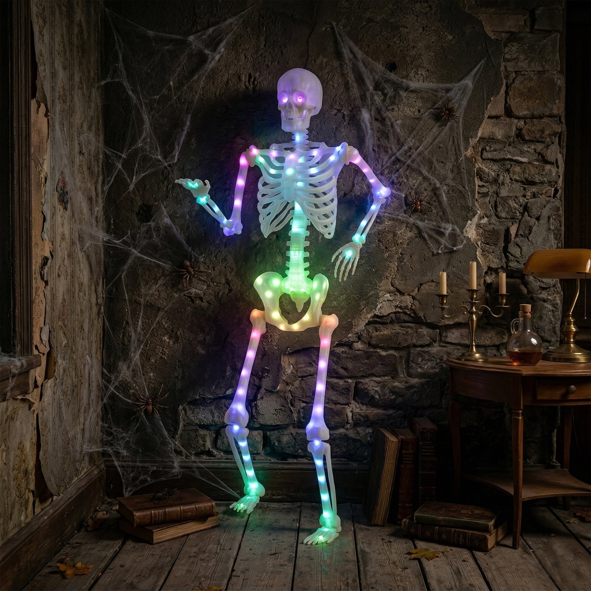 5-Foot Poseable Rainbow LED Illuminated Skeleton, Halloween Hanging Decoration, by Way to Celebrate