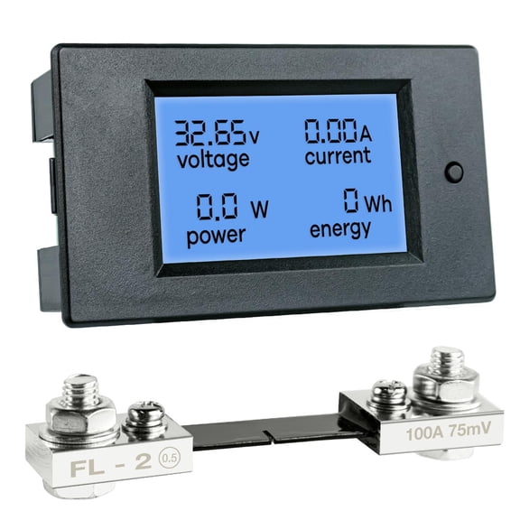 DC 6.5-100V 0-100A LCD Display Digital Power Monitoring Meter Voltage Current Power Energy Meter Ammeter Voltmeter Multimeter with 100A Current Shunt