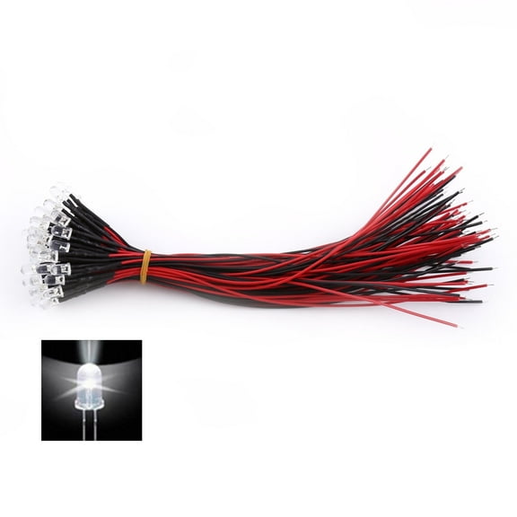 DC 9-12V LED Lights Emitting Diodes Pre Wired 50pcs 3 5 10mm Water Clear LED Diodes Pre Wired White Light (5mm)