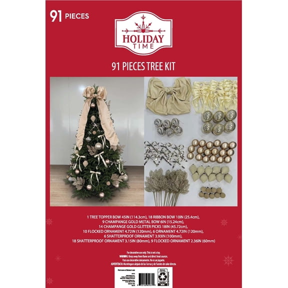 91 Count Champagne Christmas Tree Decorating Kit, by Holiday Time