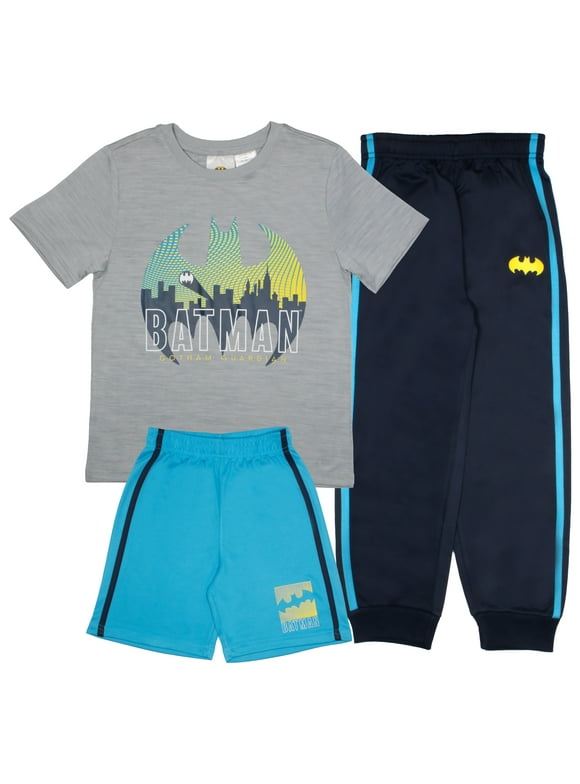 DC Batman Logo Boys Athletic T-Shirt Sweatpants Shorts 3-Piece Set for Kids and Toddlers (Size 4-8)