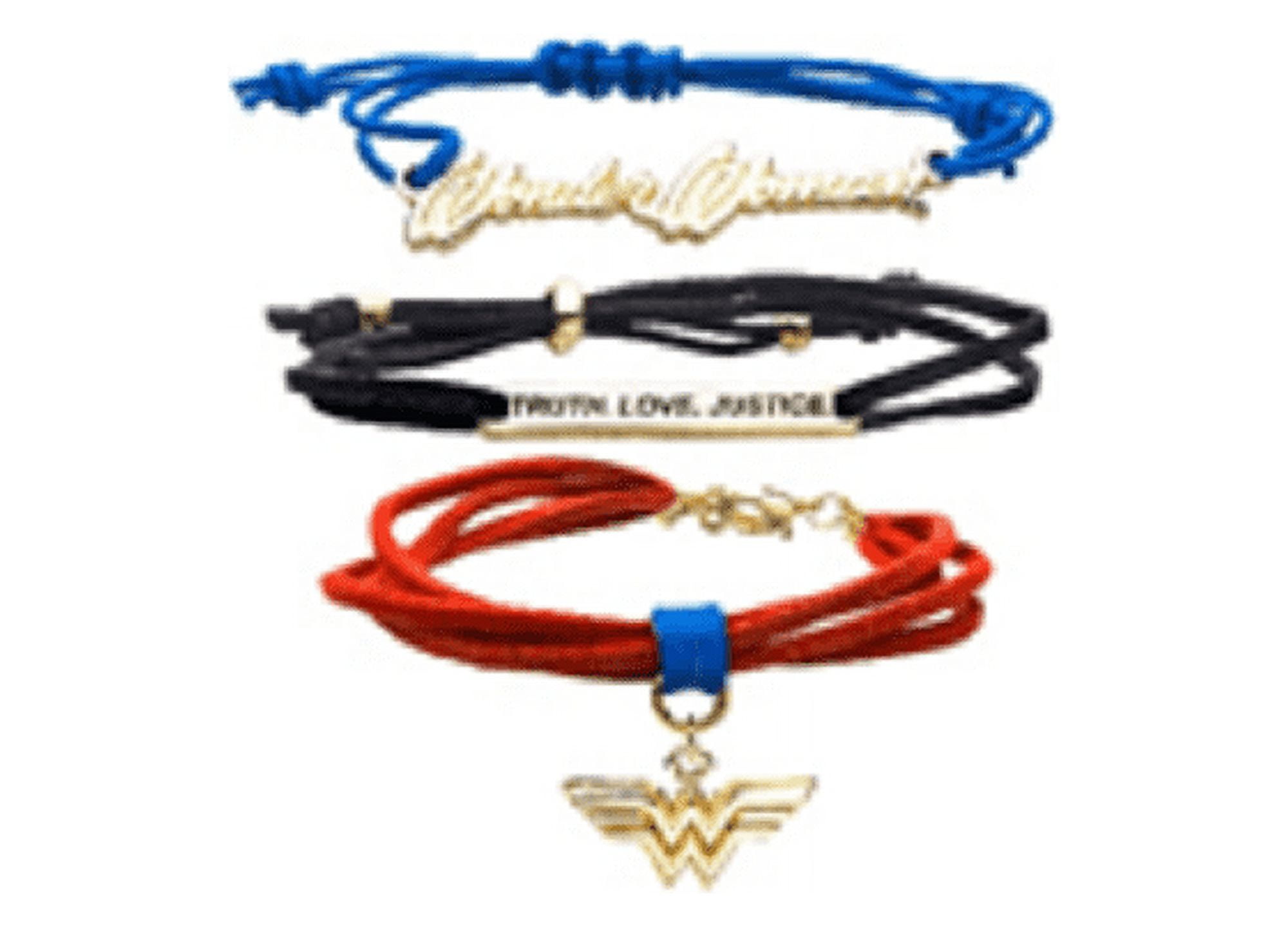DC COMICS, WONDER WOMAN LOGO CORD BRACELET - Truth, Love, Justice & Wonder  Woman Logo Premium CORD BRACELET - Set Of 3 
